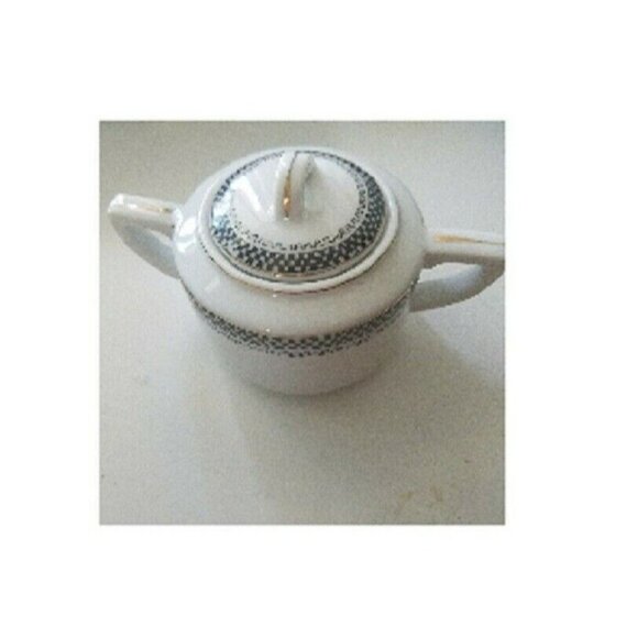 Sugar Bowl MC Made in Japan White Black Checkerboard pattern Gold Trim Handles - Picture 3 of 12